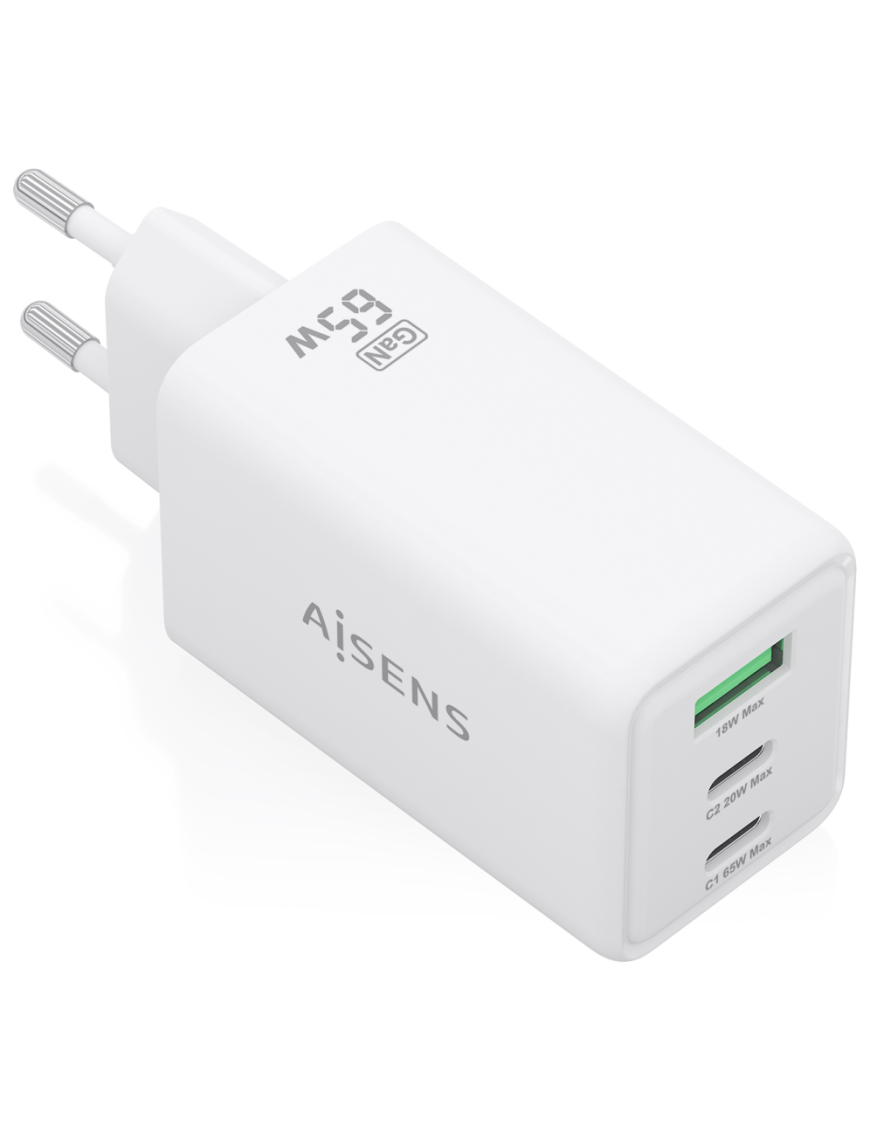 AISENS Cargador GaN 65W, 2xUSB-C PD3.0 QC4.0, 1xUSB-A QC3.0, Blanco