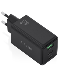 AISENS Cargador GaN 65W, 2xUSB-C PD3.0 QC4.0, 1xUSB-A QC3.0, Negro