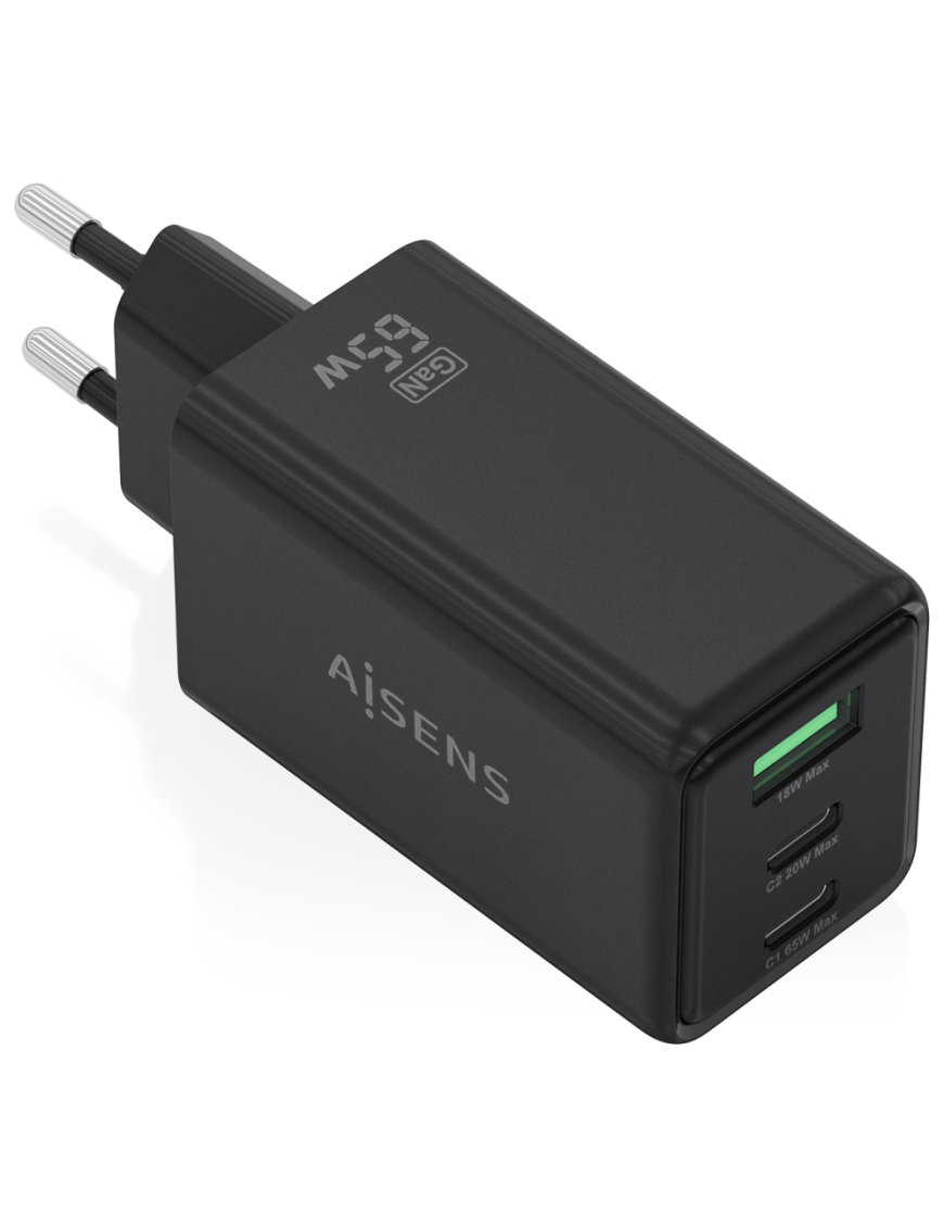 AISENS Cargador GaN 65W, 2xUSB-C PD3.0 QC4.0, 1xUSB-A QC3.0, Negro