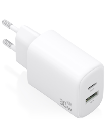 AISENS Cargador GaN 30W, 1xUSB-C PD3.0 QC4.0, 1xUSB-A QC3.0, Blanco