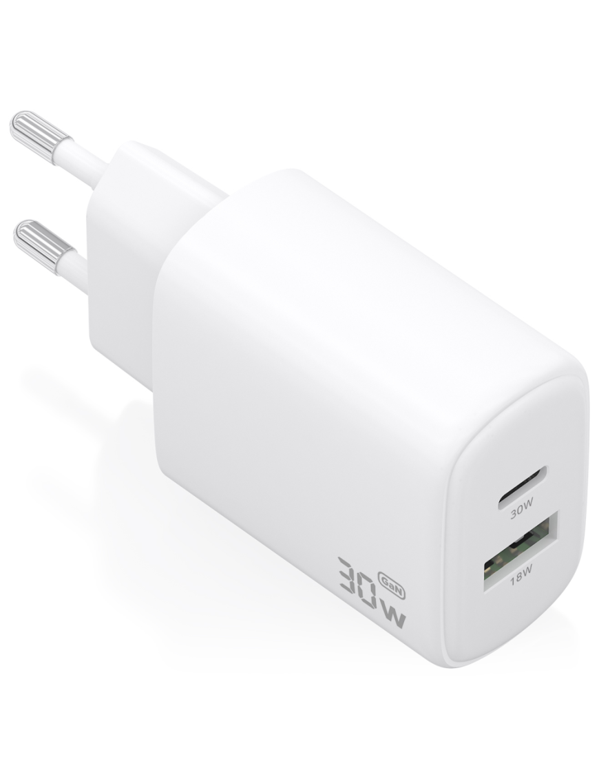 AISENS Cargador GaN 30W, 1xUSB-C PD3.0 QC4.0, 1xUSB-A QC3.0, Blanco