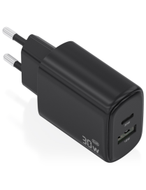 AISENS Cargador GaN 30W, 1xUSB-C PD3.0 QC4.0, 1xUSB-A QC3.0, Negro