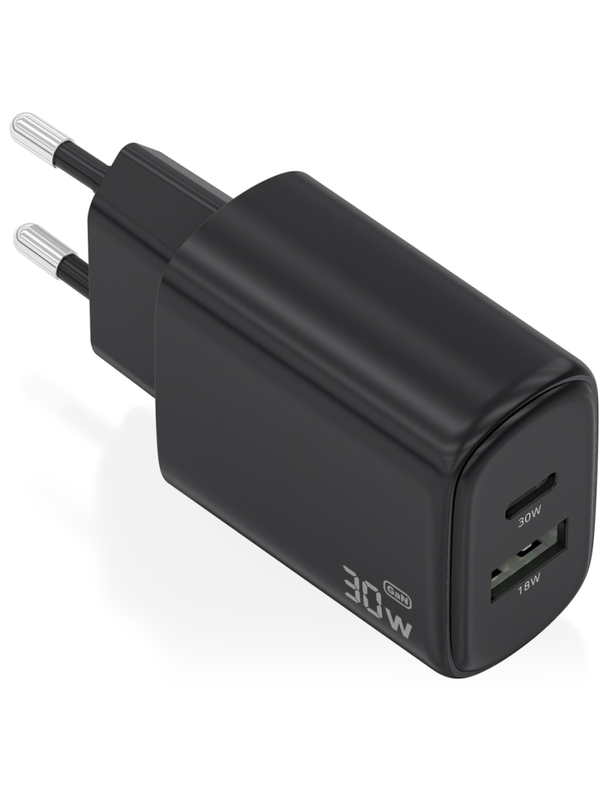 AISENS Cargador GaN 30W, 1xUSB-C PD3.0 QC4.0, 1xUSB-A QC3.0, Negro