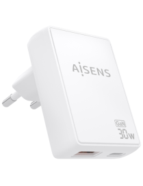 AISENS Cargador De Pared GaN Ultra Delgado 30W, 1xUSB-C PD3.0 QC4.0, 1xUSB-A QC3.0, Blanco