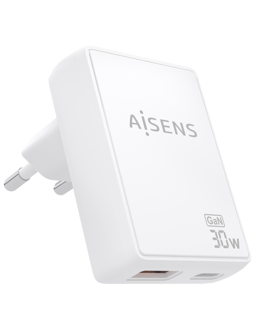 AISENS Cargador De Pared GaN Ultra Delgado 30W, 1xUSB-C PD3.0 QC4.0, 1xUSB-A QC3.0, Blanco