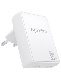 AISENS Cargador De Pared GaN Ultra Delgado 30W, 2xUSB-C PD3.0 QC4.0, Blanco