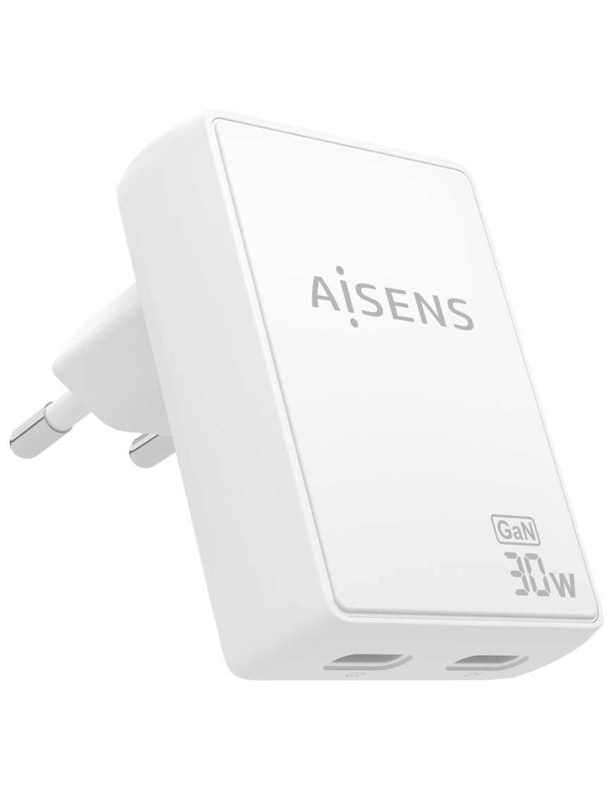 AISENS Cargador De Pared GaN Ultra Delgado 30W, 2xUSB-C PD3.0 QC4.0, Blanco