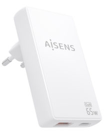 AISENS Cargador De Pared GaN Ultra Delgado 65W, 1xUSB-C PD3.0 QC4.0, 1xUSB-A QC3.0, Blanco