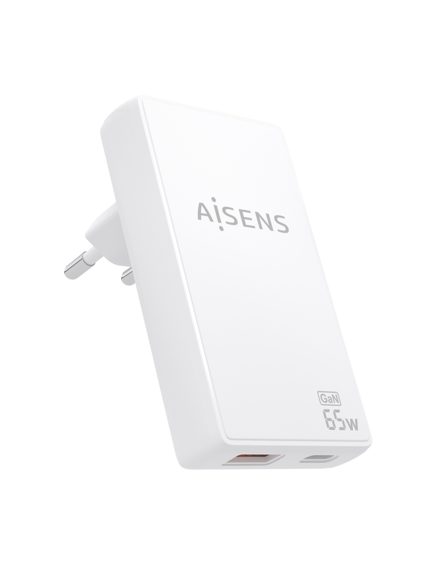 AISENS Cargador De Pared GaN Ultra Delgado 65W, 1xUSB-C PD3.0 QC4.0, 1xUSB-A QC3.0, Blanco