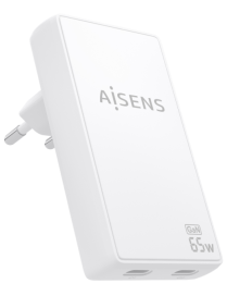 AISENS Cargador De Pared GaN Ultra Delgado 65W, 2xUSB-C PD3.0 QC4.0, Blanco