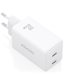 AISENS Cargador GaN 65W, 2xUSB-C PD3.0 QC4.0, Blanco