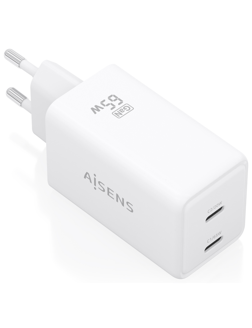 AISENS Cargador GaN 65W, 2xUSB-C PD3.0 QC4.0, Blanco