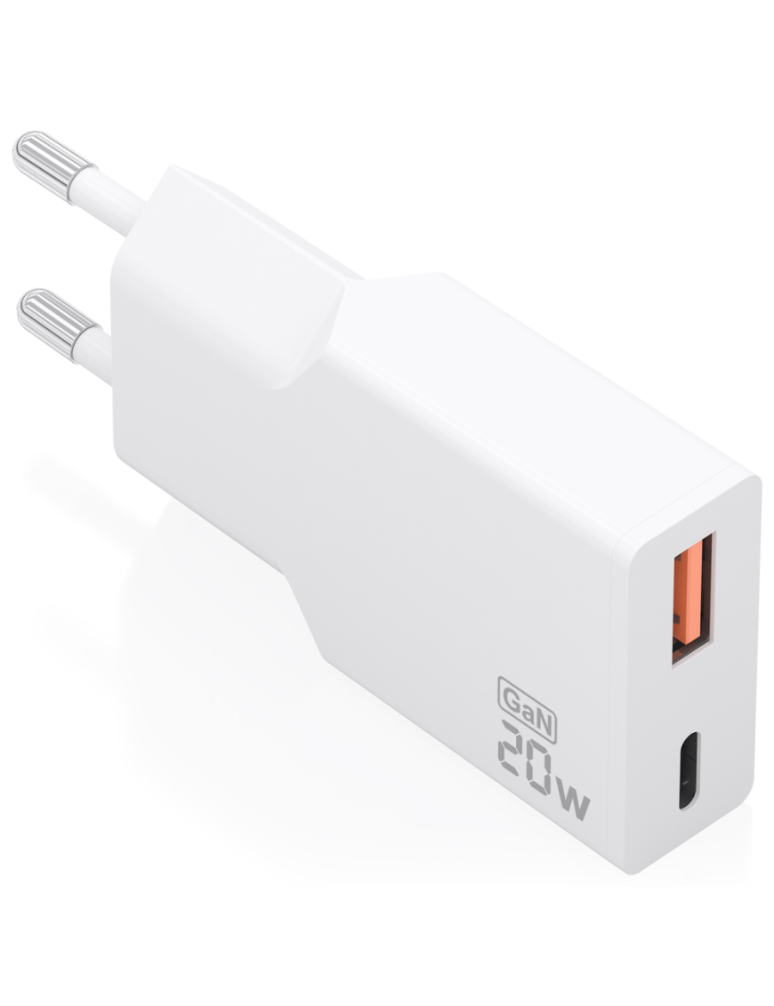 AISENS Cargador Ultra Delgado GaN 20W, 1xUSB-C PD3.0 QC4.0, 1xUSB-A QC3.0, Blanco