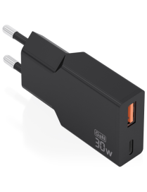 AISENS Cargador Ultra Delgado GaN 30W, 1xUSB-C PD3.0 QC4.0, 1xUSB-A QC3.0, Negro