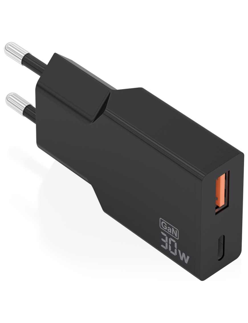 AISENS Cargador Ultra Delgado GaN 30W, 1xUSB-C PD3.0 QC4.0, 1xUSB-A QC3.0, Negro