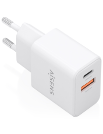 AISENS Cargador GaN 20W, 1xUSB-C PD3.0, 1xUSB-A QC3.0, Blanco