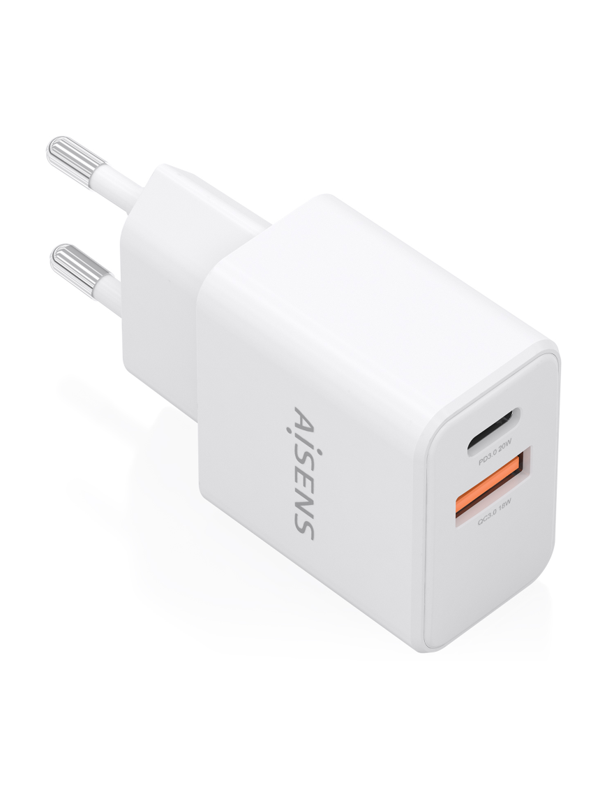 AISENS Cargador GaN 20W, 1xUSB-C PD3.0, 1xUSB-A QC3.0, Blanco