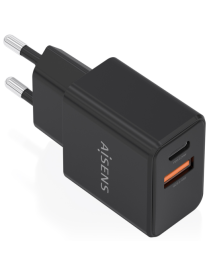 AISENS Cargador GaN 20W, 1xUSB-C PD3.0, 1xUSB-A QC3.0, Negro