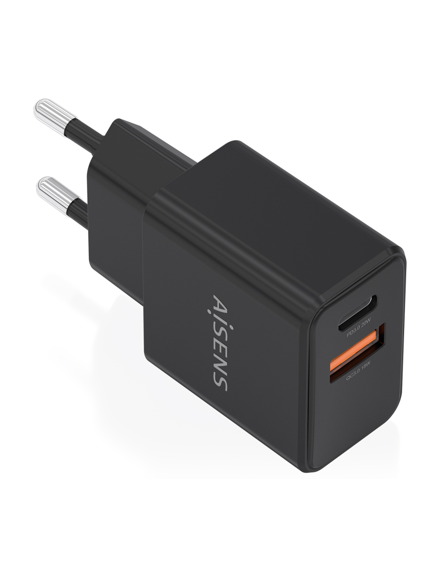 AISENS Cargador GaN 20W, 1xUSB-C PD3.0, 1xUSB-A QC3.0, Negro