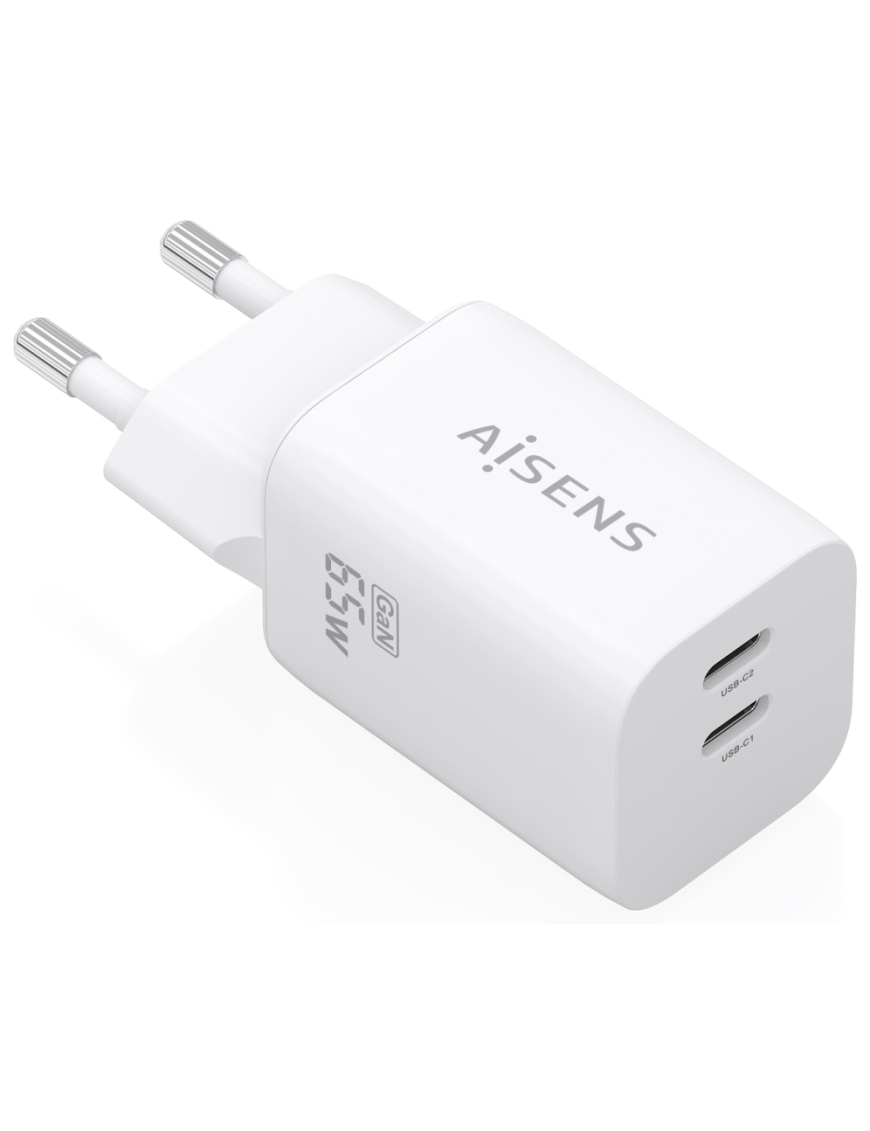 AISENS Cargador GaN 65W, 2xUSB-C PD3.0 QC4.0, Blanco