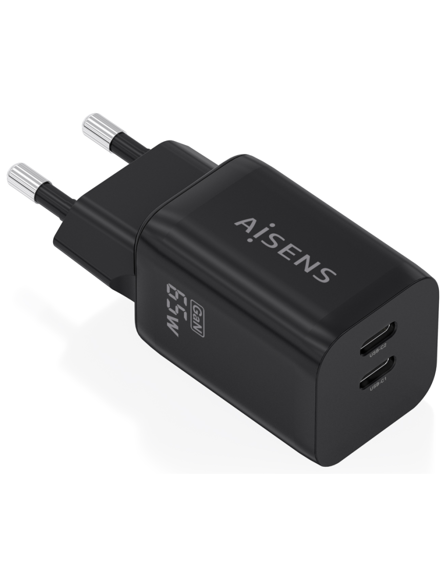 AISENS Cargador GaN 65W, 2xUSB-C PD3.0 QC4.0, Negro