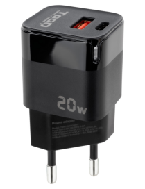 TooQ Cargador de Pared USB-C/PD + USB-A/QC 20W, Negro