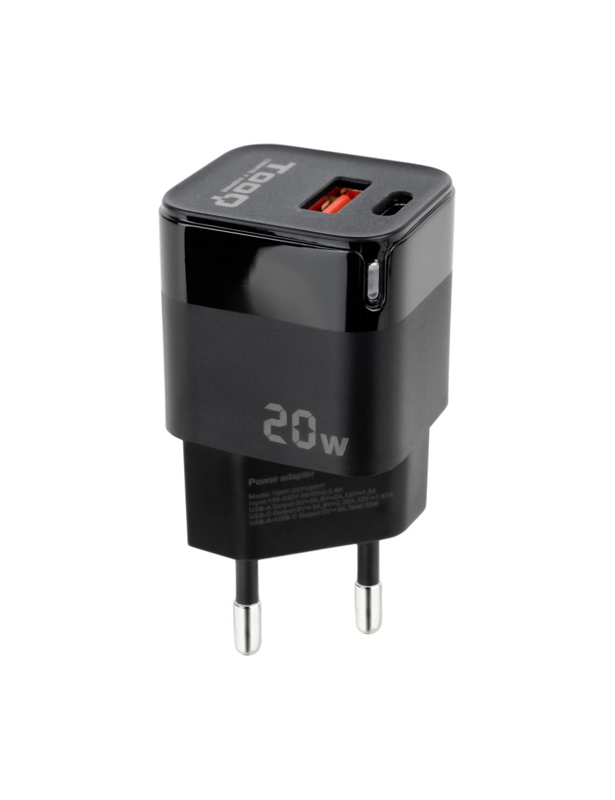 TooQ Cargador de Pared USB-C/PD + USB-A/QC 20W, Negro