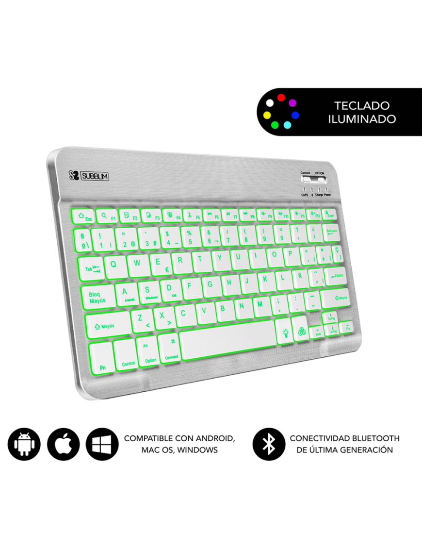 SUBBLIM Teclado Retroiluminado Bluetooth Smart Backlit BT Keyboard Silver