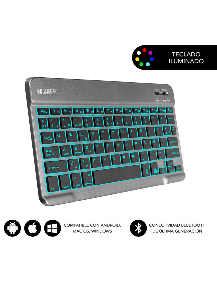 SUBBLIM Teclado Retroiluminado Bluetooth Smart Backlit BT Keyboard Grey