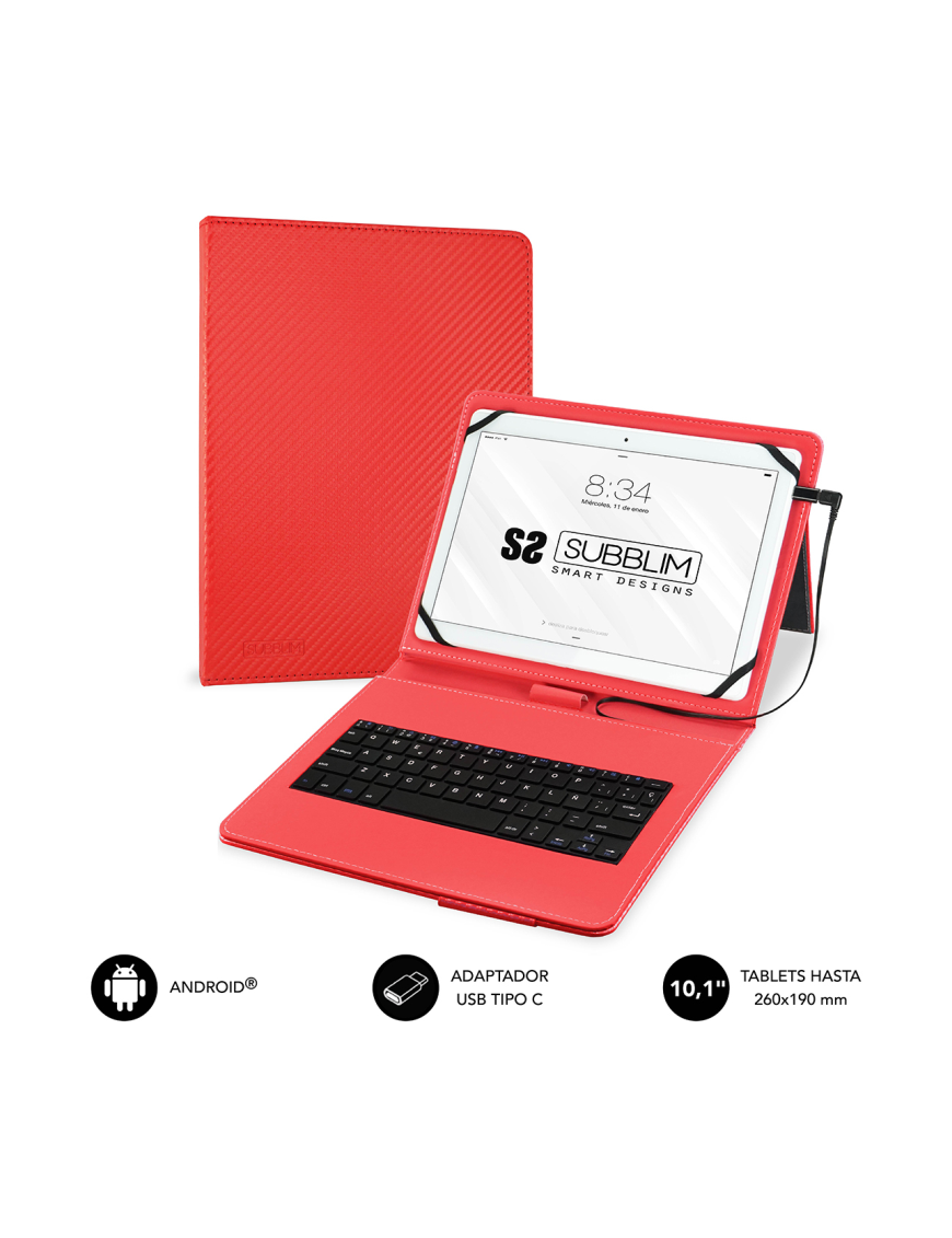 SUBBLIM Funda con Teclado Micro USB - USB C KEYTAB PRO USB 10,1" Red