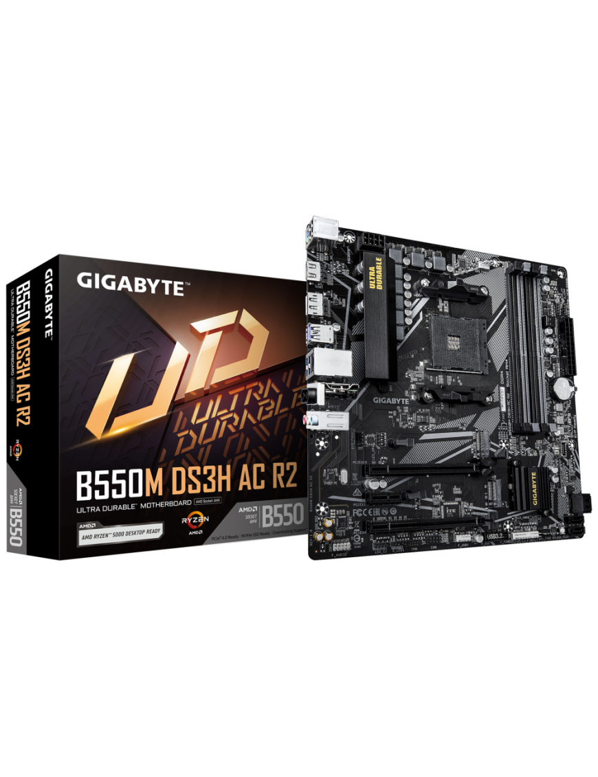 GIGABYTE B550M DS3H AC R2 Placa base - Procesadores AMD Ryzen 5000, VRM de 5+3 fases, hasta 4733 MHz DDR4 (O.C.), 1x M.2 PCIe