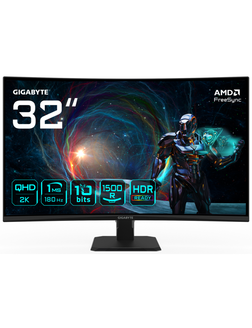 GIGABYTE GS32QCA 31.5" Monitor Curvo para Gaming QHD - 2560 x 1440, 180Hz, 1ms, 250 cd/m², FreeSync, HDR Ready, HDMI 2.0