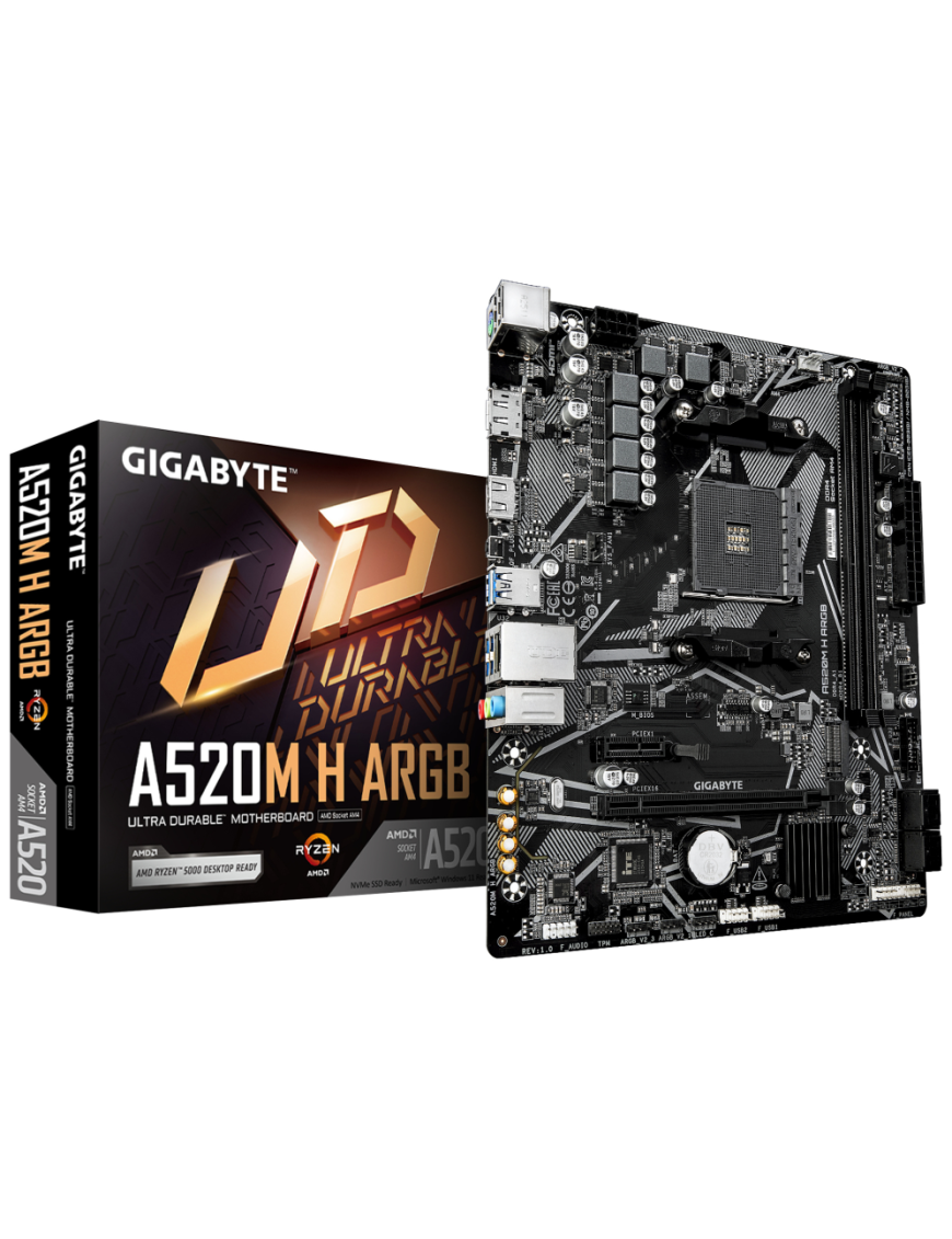 GIGABYTE A520M H ARGB Placa Base – Compatible con CPUs AMD Ryzen Serie 5000, hasta 5100 MHz DDR4 (OC), M.2 PCIe 3.0 x4, LAN 1