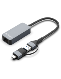 AISENS Conversor USB3.2 Gen1 USB-A+USB-C a Ethernet 2.5G 10/100/1000/2500 Mbps, Gris, 15cm