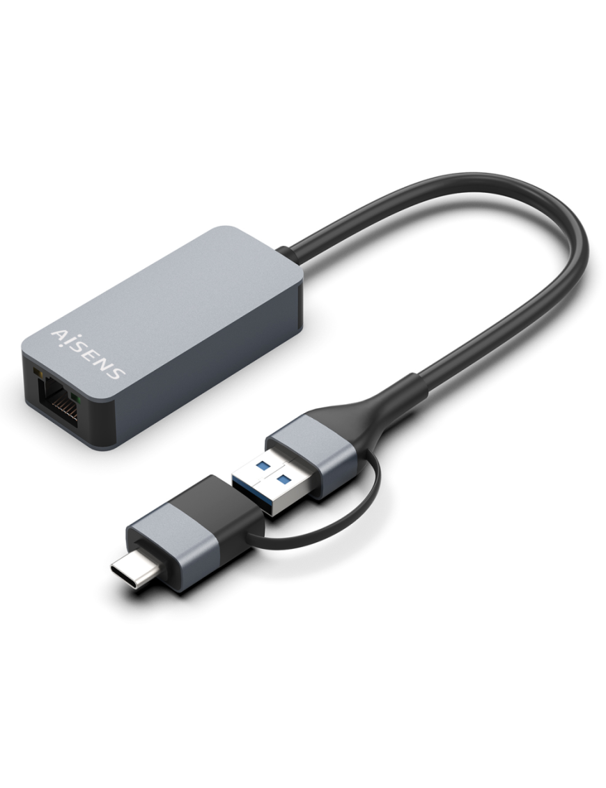 AISENS Conversor USB3.2 Gen1 USB-A+USB-C a Ethernet 2.5G 10/100/1000/2500 Mbps, Gris, 15cm