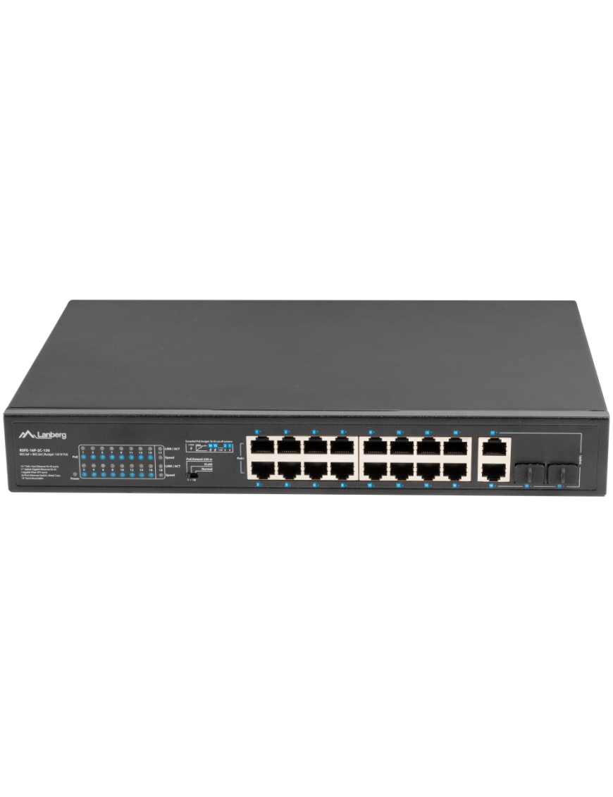 Lanberg RSFE-16P-2C-150 switch No administrado Gigabit Ethernet (10/100/1000) Energía sobre Ethernet (PoE) 1U Negro
