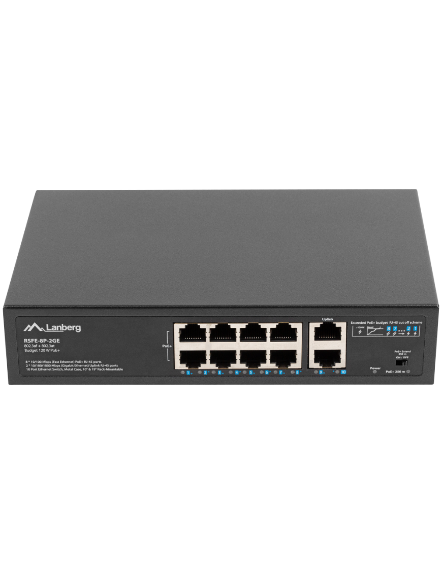 Lanberg RSFE-8P-2GE-120 switch No administrado Gigabit Ethernet (10/100/1000) Energía sobre Ethernet (PoE) 1U Negro