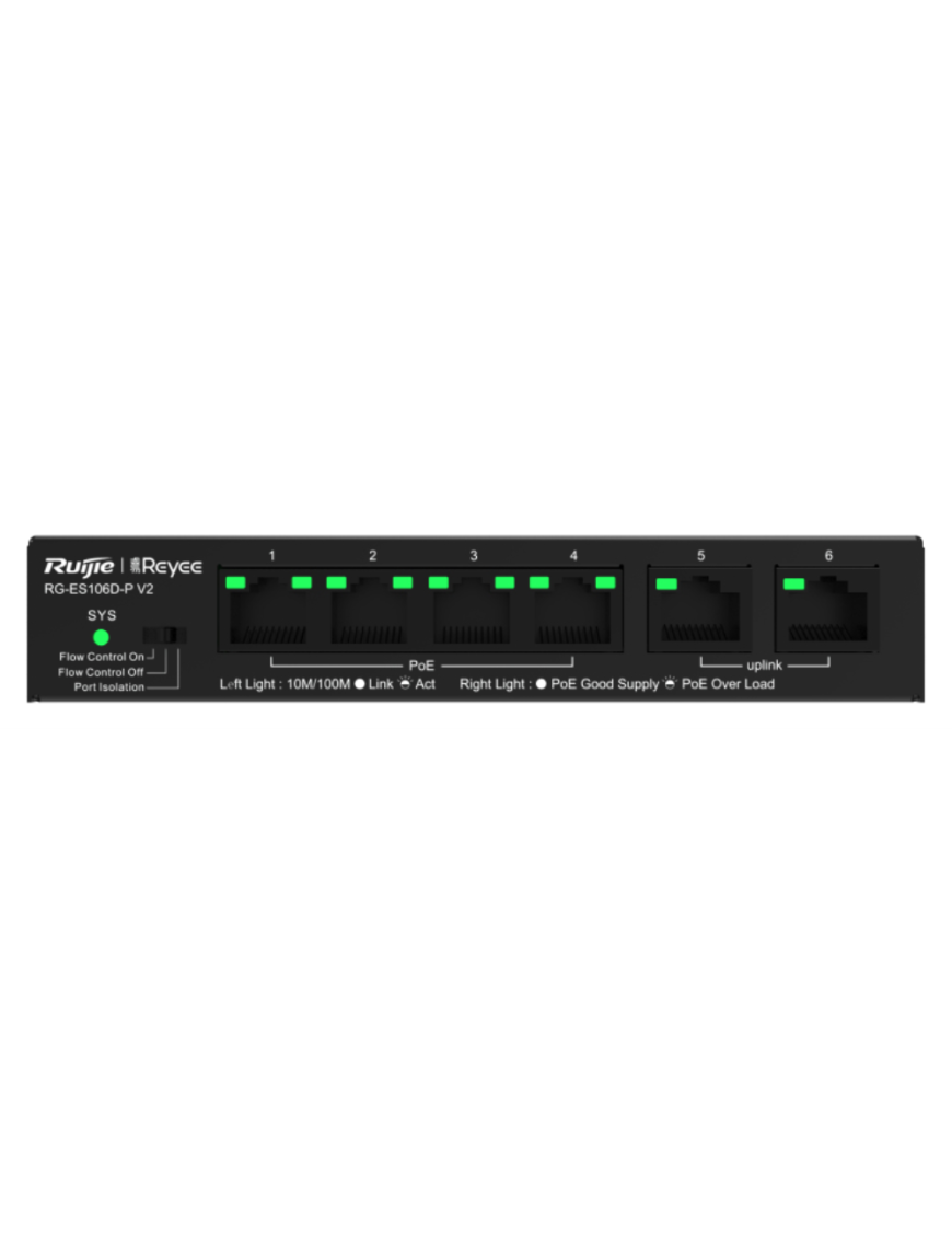 Ruijie Networks RG-ES106D-P V2 switch No administrado Fast Ethernet (10/100) Energía sobre Ethernet (PoE) Negro
