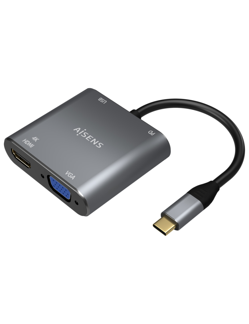 AISENS Conversor USB-C a VGA/HDMI 4K/USB3.0/USB-C PD, USB-C/M-VGA/H-HDMI/H-USB-A/H-USB-C/H, Gris, 15CM