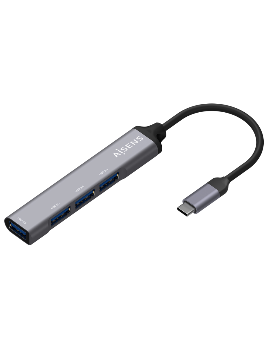 AISENS Hub USB 3.1 USB-C, Tipo C/M - 4x Tipo A/H, Gris, 10 cm