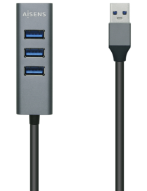 AISENS Hub USB3.0 Aluminio, Tipo A/M - 4x Tipo A/H, Negro, 10 cm