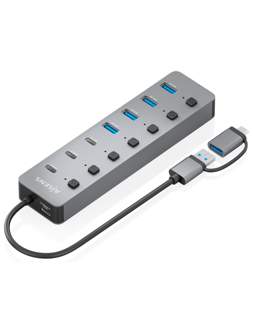 AISENS Hub USB3.1 Gen1 USB-C USB-A, USB-C/M+USB-A/M-4xUSB-A/H+3xUSB-C/H+1xUSB-C/H ALIM., Gris, 30cm