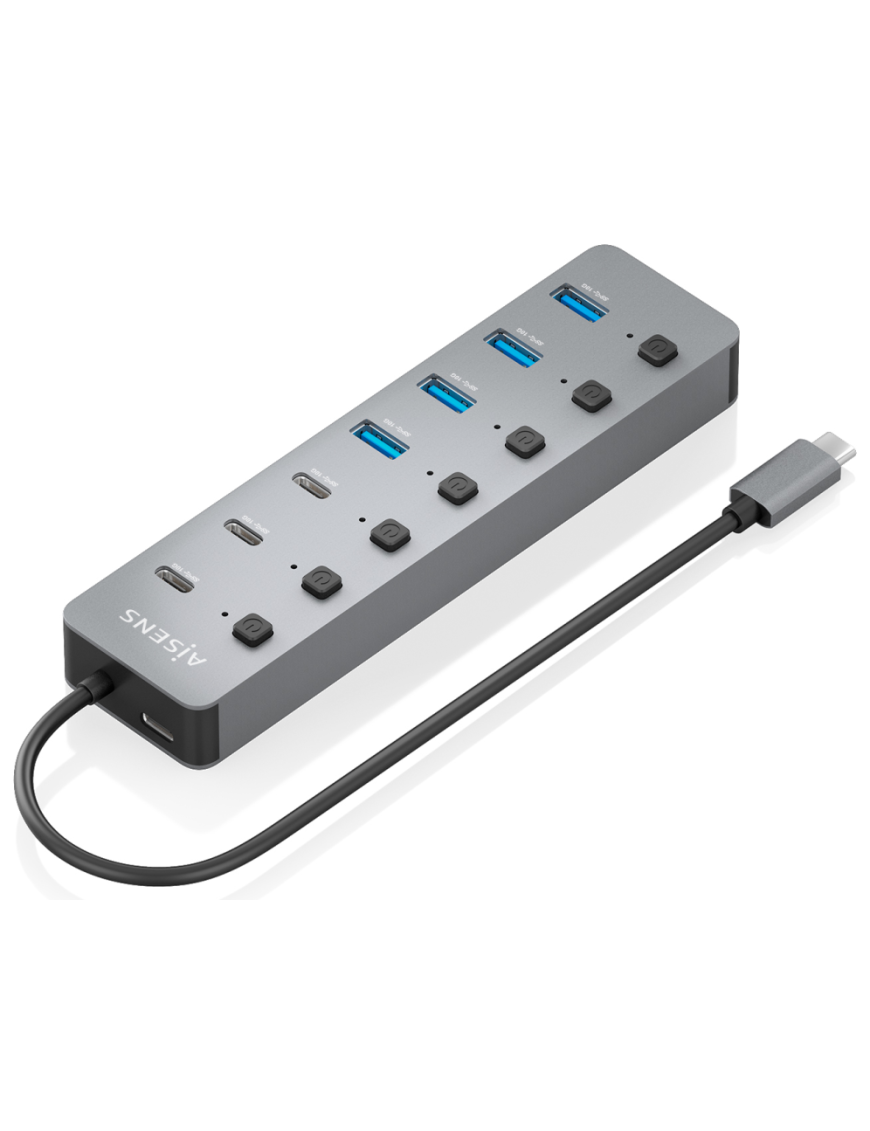 AISENS Hub USB3.2 Gen2 10G USB-C, USB-C/M-4xUSB-A/H+3xUSB-C/H+1xUSB-C/H PD3.0 100W, Gris, 30cm