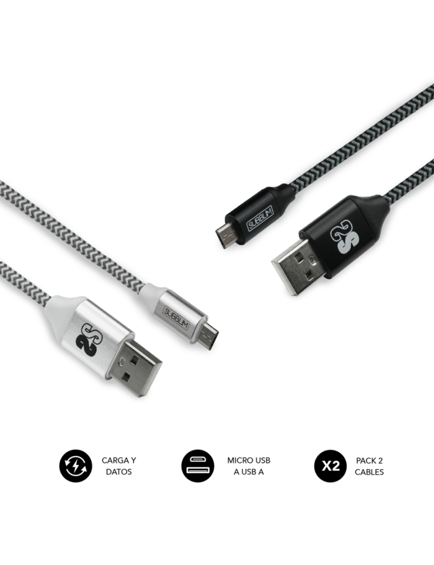 SUBBLIM PACK 2 CABLES USB A MICRO USB (2.4A) 1M BLACK/SILVER cable USB Micro-USB A Aluminio, Negro, Gris, Blanco
