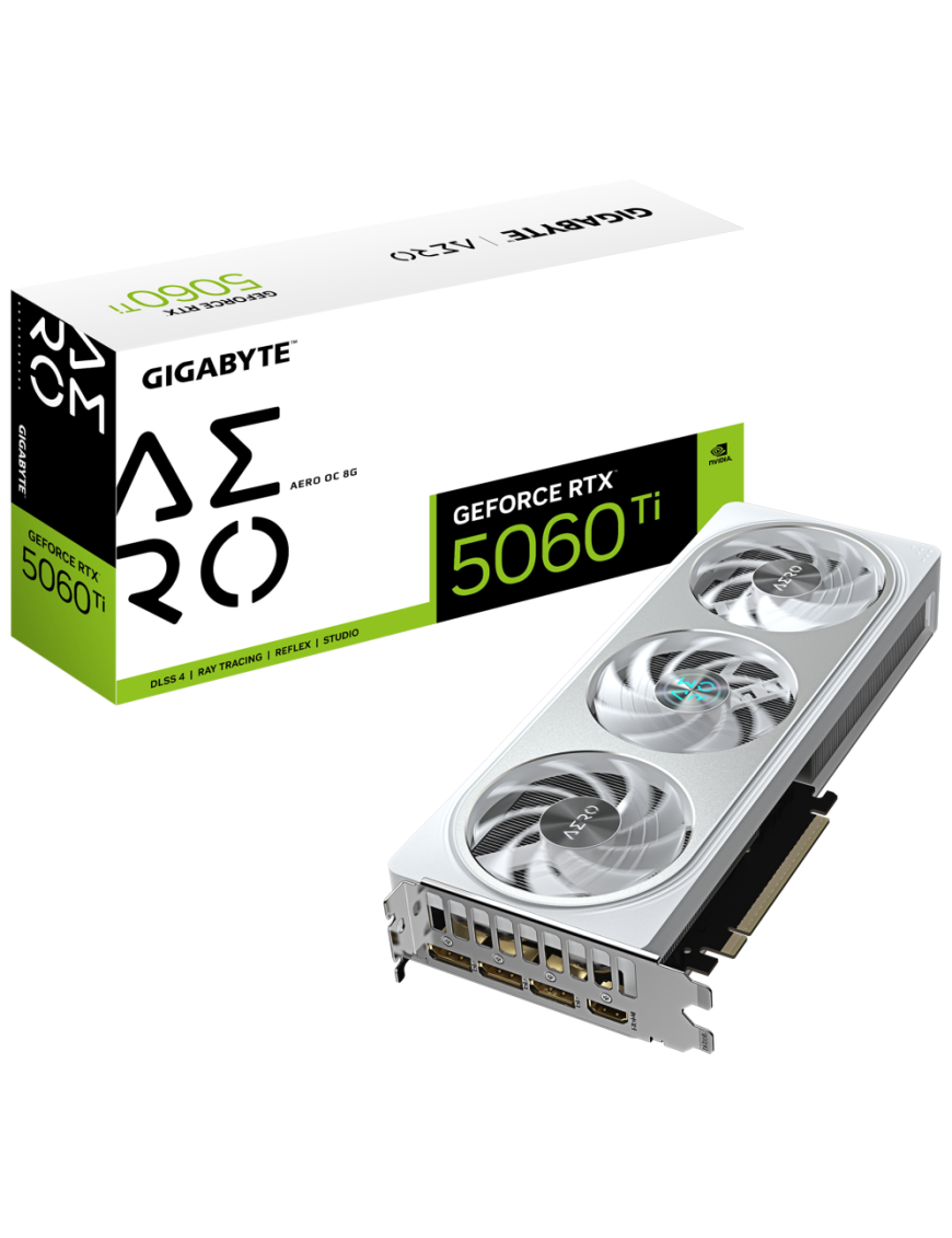 GIGABYTE GeForce RTX 5060 Ti AERO OC 8G Tarjeta Gráfica – 8 GB GDDR7, 128 bits, PCI-E 5.0, 2647 MHz Frecuencia del núcleo, 3 x