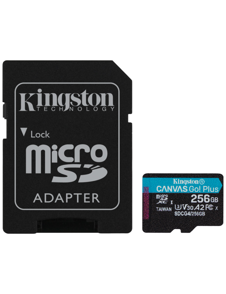 Kingston Technology Tarjeta microSDXC Canvas Go Plus Gen4 de 256 GB, 200 MB/s, A2 U3 V30 y adaptador