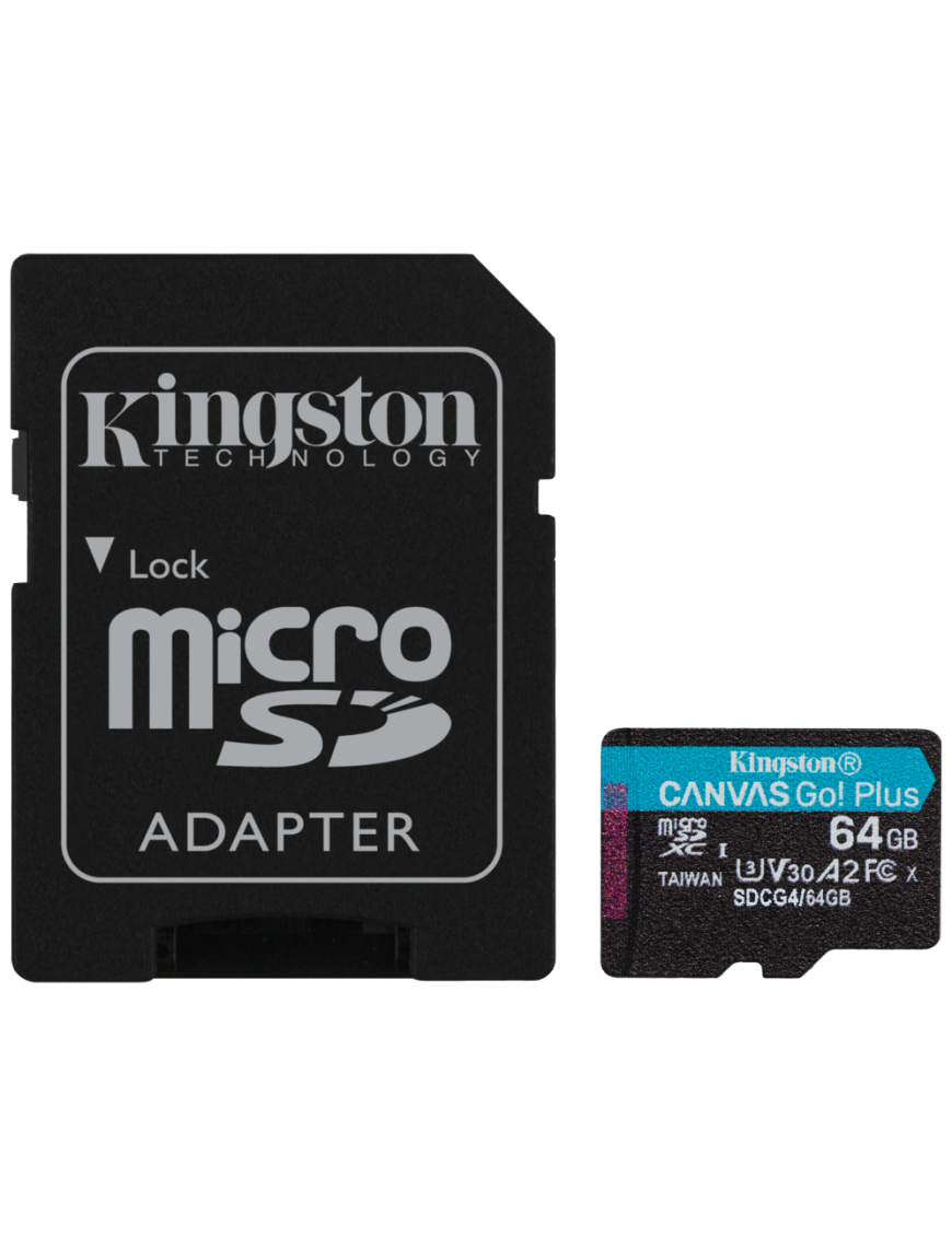 Kingston Technology Tarjeta microSDXC Canvas Go Plus Gen4 de 64 GB, 200 MB/s, A2 U3 V30 y adaptador