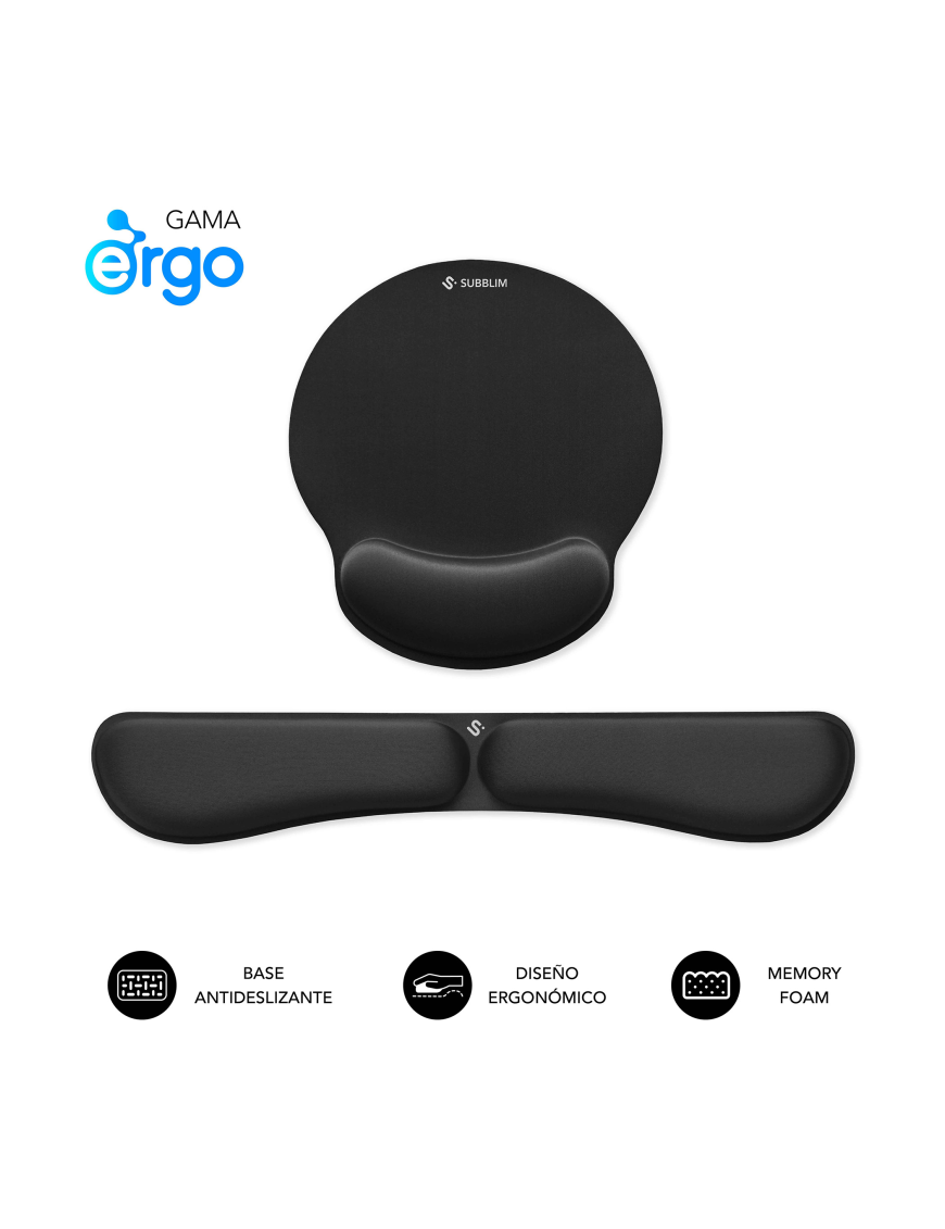 SUBBLIM Pack Alfombrilla de Ratón Ergonómica + Reposamuñecas Teclado – Espuma elástica, Superficie Microtexturizada Impermeable,