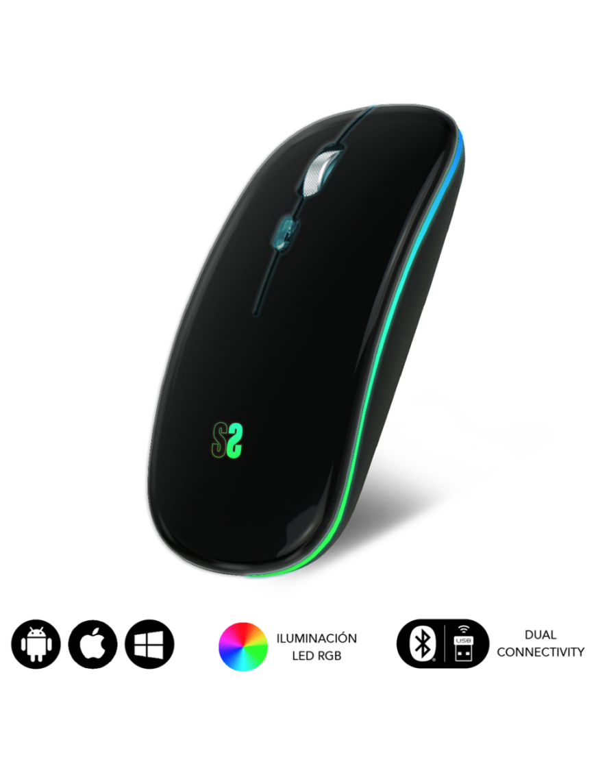 SUBBLIM Ratón Inalámbrico Bluetooth + RF RGB LED Dual Flat Mouse Black