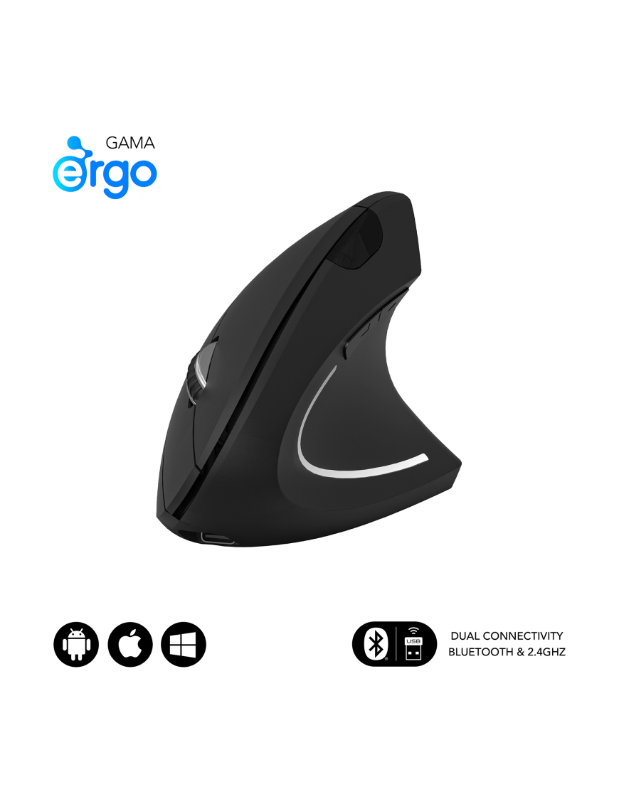 SUBBLIM RATON OPTICO DUAL GLIDE VERTICAL ERGO DUAL BATERIA NEGRO ratón Universal mano derecha Bluetooth + USB Type-A Óptico 1600